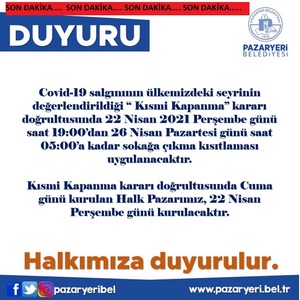 PAZARYERİ İLÇE PAZARIMIZ PERŞEMBE GÜNÜ KURULACAKTIR