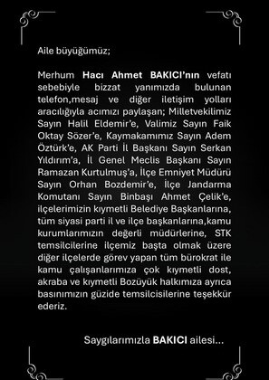 Bozüyük Bakıcı Ailesinden Taziye Teşekkür Mesajı