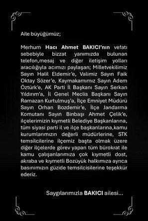 Bozüyük Bakıcı Ailesinden Taziye Teşekkür Mesajı